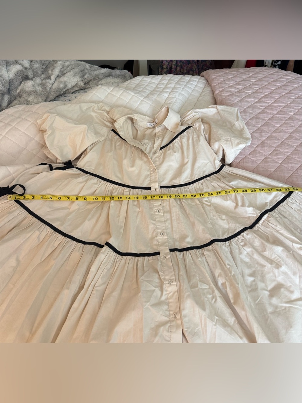 Off-White Tiered Button-Front Dress with Black Trim - Picture 7 of 9
